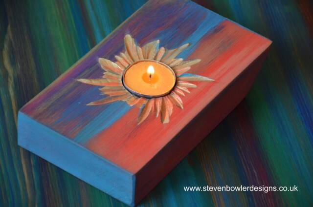 Wood Tealight Candle Holder Old Boat Style Multi Coloured Finish With Unique Coastal Cottage Carved Sunshine Centre Gold Highlighting - image 1