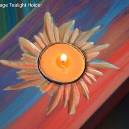 Wood Tealight Candle Holder Old Boat Style Multi Coloured Finish With Unique Coastal Cottage Carved Sunshine Centre Gold Highlighting - thumbnail 2