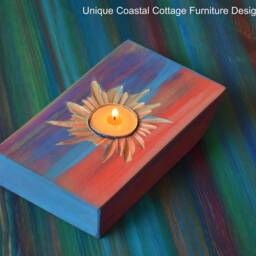 Wood Tealight Candle Holder Old Boat Style Multi Coloured Finish With Unique Coastal Cottage Carved Sunshine Centre Gold Highlighting - thumbnail 3