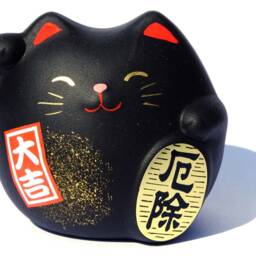 Japanese Maneki Neko Black Lucky Cat For Protection With Mat & Display Card. Feng Shui - thumbnail 2