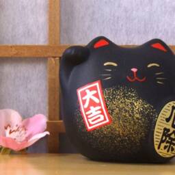 Japanese Maneki Neko Black Lucky Cat For Protection With Mat & Display Card. Feng Shui - thumbnail 3