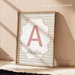 Vintage Style Personalised Girl Initial Print With Name in Dusty Pink, Checkered Print, Kids Bedroom Decor, Nursery - thumbnail 1