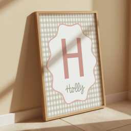 Vintage Style Personalised Girl Initial Print With Name in Dusty Pink, Checkered Print, Kids Bedroom Decor, Nursery - thumbnail 2