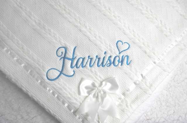 Personalised Embroidered Super Snuggly Cable Knit Wrap With A Satin Bow Sherpa Back, New Born Baby Boy, Girl Blanket, Shower Gift - image 1