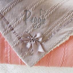 Personalised Embroidered Super Snuggly Cable Knit Wrap With A Satin Bow Sherpa Back, New Born Baby Boy, Girl Blanket, Shower Gift - thumbnail 2