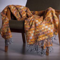Yellow Orange Mustard Merino Lambs Wool Small Grid Checkered Plaid Blanket Throw Ocher Sofa With Fringes - thumbnail 2