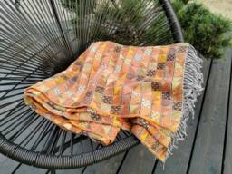 Yellow Orange Mustard Merino Lambs Wool Small Grid Checkered Plaid Blanket Throw Ocher Sofa With Fringes