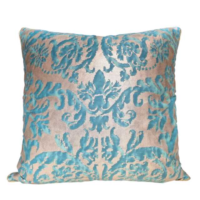 Fortuny Fabric Throw Pillow Cushion Cover Blue-Green & Silvery Gold Farnese Pattern - Made in Italy - image 1