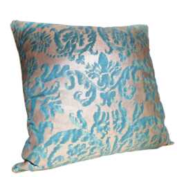 Fortuny Fabric Throw Pillow Cushion Cover Blue-Green & Silvery Gold Farnese Pattern - Made in Italy - thumbnail 3