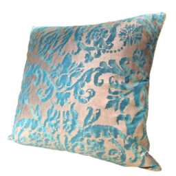 Fortuny Fabric Throw Pillow Cushion Cover Blue-Green & Silvery Gold Farnese Pattern - Made in Italy - thumbnail 4