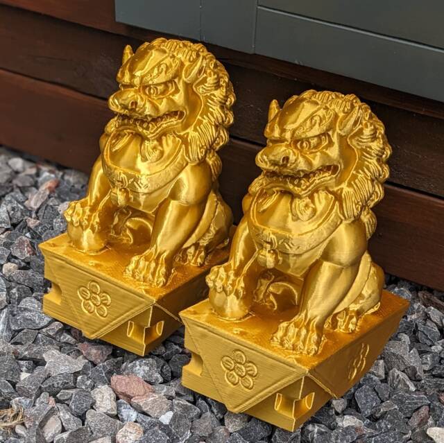 Gold Foo Dog Statue Pair, Chinese Garden Decor - image 1