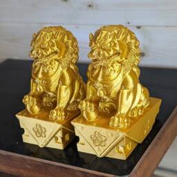 Gold Foo Dog Statue Pair, Chinese Garden Decor - thumbnail 2