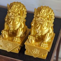 Gold Foo Dog Statue Pair, Chinese Garden Decor - thumbnail 3