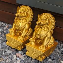 Gold Foo Dog Statue Pair, Chinese Garden Decor - thumbnail 1