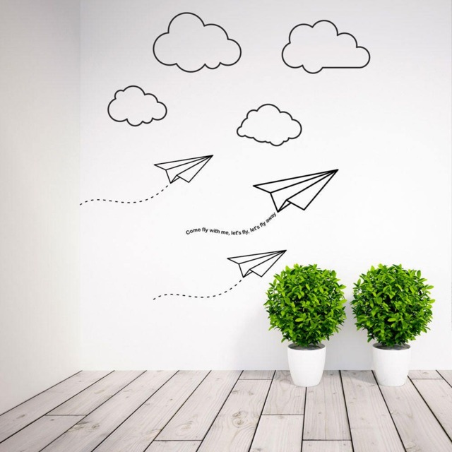 Paper Planes & Clouds Vinyl Room Wall Sticker Mural Decoration Boy Nursery Kids - image 1