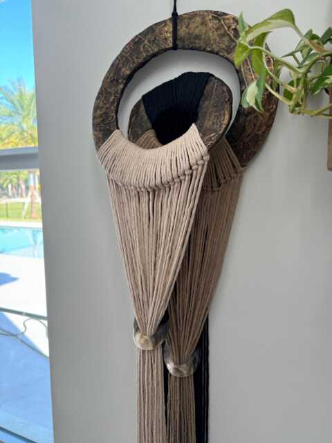 Antique Brass Finish Macrame Wall Hanging Fiber Art Sculpture - image 1