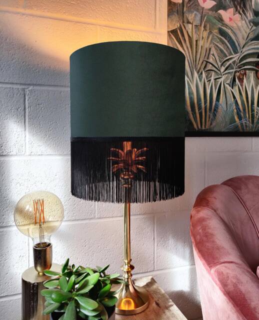 Forest Green Fringed Lampshade in Velvet With Black Fringe - image 1