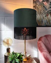 Forest Green Fringed Lampshade in Velvet With Black Fringe - thumbnail 1