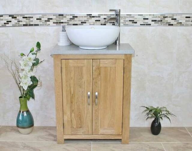 Solid Oak Bathroom Vanity Unit - Grey Quartz Top Marble Basin Choice 310Gqsbc - image 1
