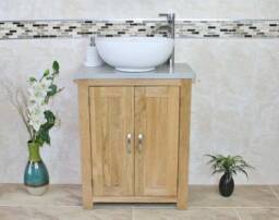 Solid Oak Bathroom Vanity Unit - Grey Quartz Top Marble Basin Choice 310Gqsbc - thumbnail 1