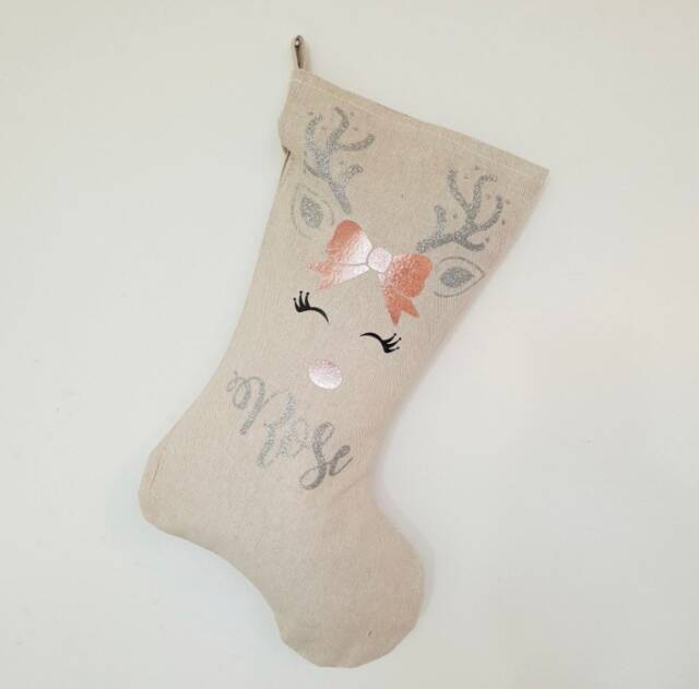 Personalised Christmas Stocking Rose Gold Reindeer Rudolf Xmas Gift Bag Present Baby Deer Girls Decoration Tree Linen Glitter 1St - image 1