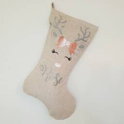 Personalised Christmas Stocking Rose Gold Reindeer Rudolf Xmas Gift Bag Present Baby Deer Girls Decoration Tree Linen Glitter 1St - thumbnail 3