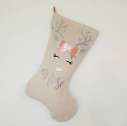 Personalised Christmas Stocking Rose Gold Reindeer Rudolf Xmas Gift Bag Present Baby Deer Girls Decoration Tree Linen Glitter 1St - thumbnail 1