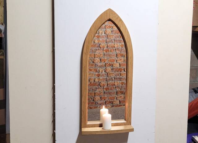 Unusual Gothic Arch Solid Wooden English Oak Mirror & Shelf 80 cm Long Hand Made - image 1