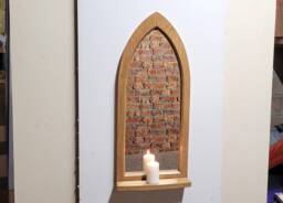 Unusual Gothic Arch Solid Wooden English Oak Mirror & Shelf 80 cm Long Hand Made - thumbnail 1