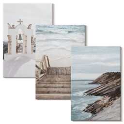 3 Piece Canvas Set - Views Of The Sea & Architecture Santorini Against Sky, Beige Photo Print, Landscapes Wall Decor - thumbnail 2