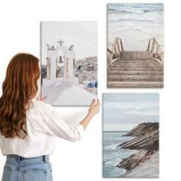 3 Piece Canvas Set - Views Of The Sea & Architecture Santorini Against Sky, Beige Photo Print, Landscapes Wall Decor - thumbnail 3