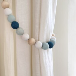 Coastal Beaded Curtain Tie Backs Ocean Blue Wooden Bead Garland - thumbnail 3