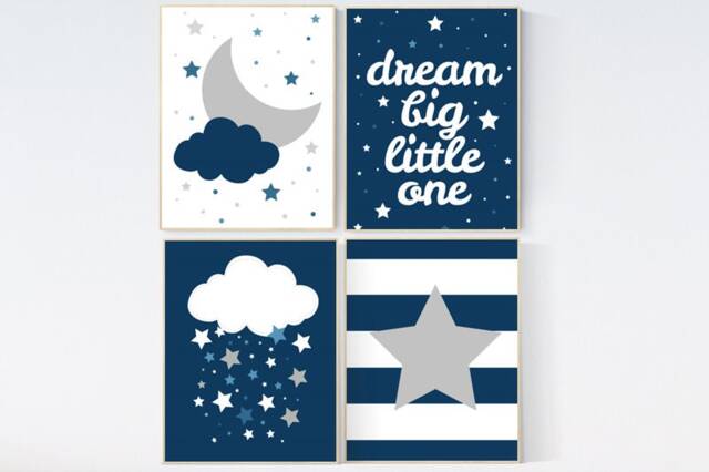 Navy Blue Nursery Prints Moon, Stars, Elephant Wall Art Set - image 1