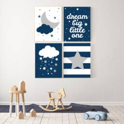 Navy Blue Nursery Prints Moon, Stars, Elephant Wall Art Set - thumbnail 2
