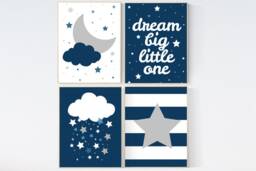 Navy Blue Nursery Prints Moon, Stars, Elephant Wall Art Set - thumbnail 1