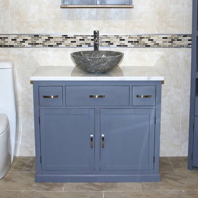 Bathroom Grey Vanity Unit Oak Top Cabinet Wash Stand White Marble Stone Basin 1161Gwmsbc - image 1