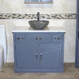 Bathroom Grey Vanity Unit Oak Top Cabinet Wash Stand White Marble Stone Basin 1161Gwmsbc - thumbnail 1