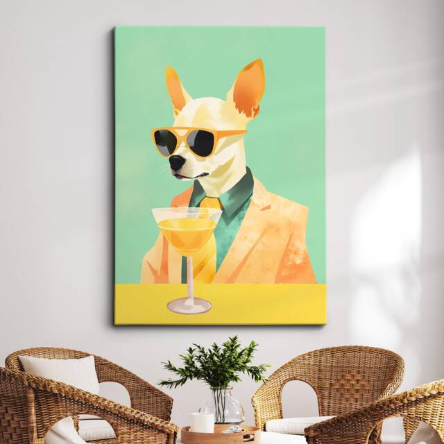 Chihuahua in Suit Wearing Glasses Drinking Painting Framed Poster Print & Canvas Wall Decor Art Bedroom Home Interior Dog Lover Gift - image 1