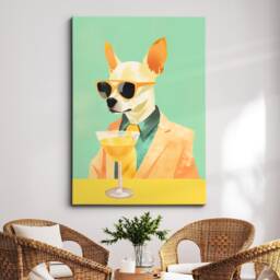 Chihuahua in Suit Wearing Glasses Drinking Painting Framed Poster Print & Canvas Wall Decor Art Bedroom Home Interior Dog Lover Gift