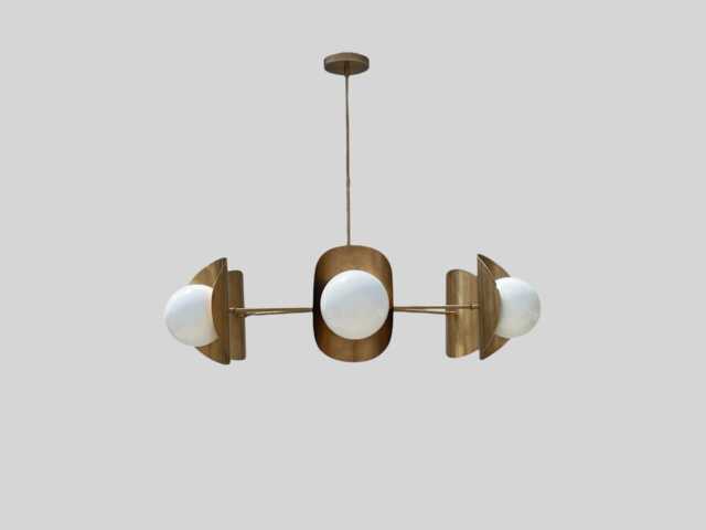 1950's Mid-Century Brass Chandelier - 6 Light Modern Pendant Globe Italian Ceiling Fixture & Linear Design - image 1