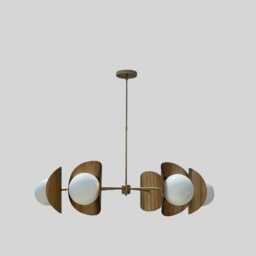 1950's Mid-Century Brass Chandelier - 6 Light Modern Pendant Globe Italian Ceiling Fixture & Linear Design - thumbnail 3