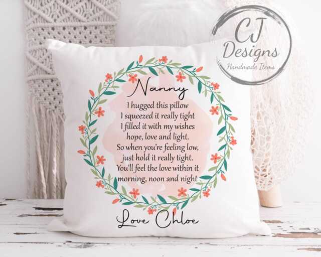 Personalised Nanny Hug Cushion - Orange & Green Floral Design Printed White Super Soft- Hugs Quote- Grandma Granny-Nanna- Nannie