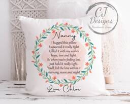 Personalised Nanny Hug Cushion - Orange & Green Floral Design Printed White Super Soft- Hugs Quote- Grandma Granny-Nanna- Nannie - thumbnail 1