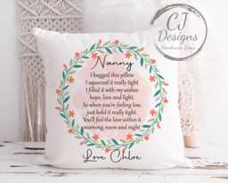 Personalised Nanny Hug Cushion - Orange & Green Floral Design Printed White Super Soft- Hugs Quote- Grandma Granny-Nanna- Nannie