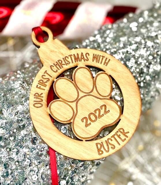 Personalised Cherry Wood Pet Dog, Puppys 1st, First Christmas Tree Decoration Pawprint Bauble Gift, Puppy 1st Tree Decoration - image 1