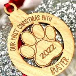 Personalised Cherry Wood Pet Dog, Puppys 1st, First Christmas Tree Decoration Pawprint Bauble Gift, Puppy 1st Tree Decoration - thumbnail 3