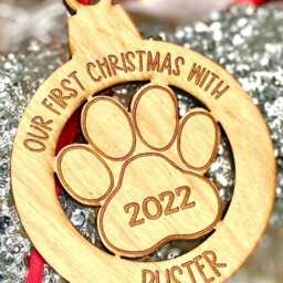 Personalised Cherry Wood Pet Dog, Puppys 1st, First Christmas Tree Decoration Pawprint Bauble Gift, Puppy 1st Tree Decoration - thumbnail 2
