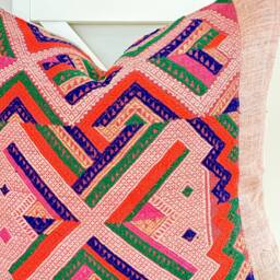 Vintage Embroidered Silk Textile Ethnic Piece Of Tradition Costume Pillow Cover - thumbnail 2