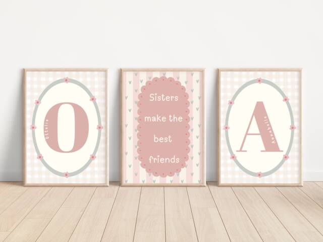 Set Of 3 Personalised Sisters Make The Best Friends, Gingham Initial Prints For Girls Bedroom, A Nursery Or Playroom - Unframed - image 1