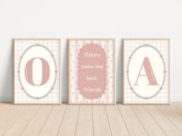 Set Of 3 Personalised Sisters Make The Best Friends, Gingham Initial Prints For Girls Bedroom, A Nursery Or Playroom - Unframed - thumbnail 1